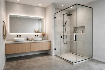 Modern bathroom corner with light gray walls, polished concrete flooring, double vanity mirror sinks, and a glass shower enclosure