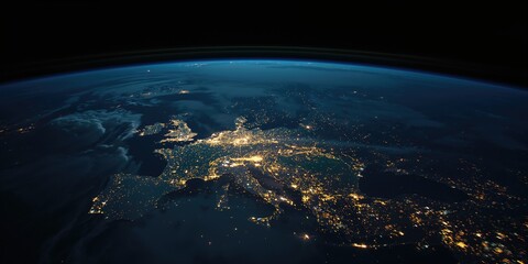 Nighttime satellite image of Europe showing illuminated cities, highlighting urbanization and regional connectivity, Earth Day