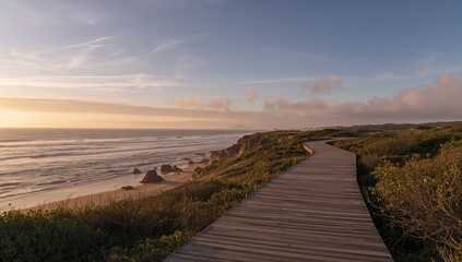 Oceanfront wooden pathway on rocky cliffs during sunrise, highlighting coastal preservation efforts
