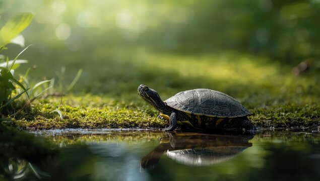 Emys orbicularis hunting insects, crustaceans, and tadpoles in a swamp habitat, Earth Day
