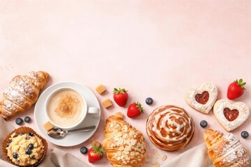 Warm coffee and bakery treats positioned on subtle pastel background featuring copy space