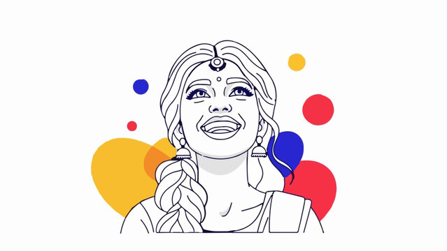 Smiling woman with braided hair and traditional jewelry, surrounded by colorful circles