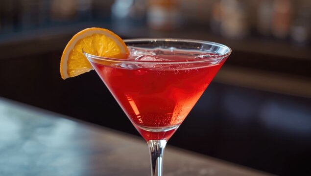 Glass of cosmopolitan cocktail with orange slice at bar setting, emphasizing drink artistry and garnishing techniques