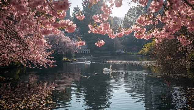 Springtime landscape with flowering trees and swan boats in a public garden, seasonal change