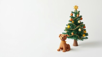 Naklejka premium Clay earth and dog models alongside a Christmas tree, festive scene emphasizing holiday crafting