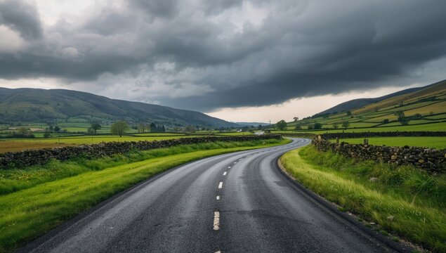 A winding tarmac road cuts through lush green fields beneath storm clouds in the Lake District, UK, highlighting rural landscape features - Powered by Adobe