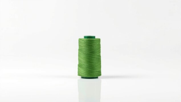 Green color thread spool on white backdrop, suitable for sewing process backgrounds