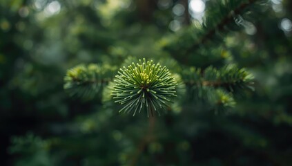 Detail shot of fresh green conifer branch tips on an exotic tropical tree arbor growth, used for botanical backgrounds