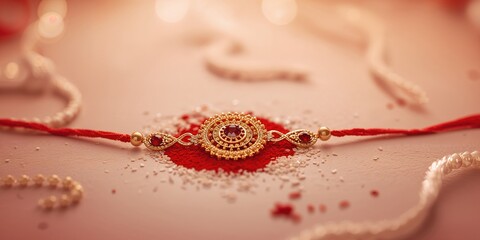 Traditional Indian Rakhi, rice grains, and kumkum on a festive backdrop, emphasizing cultural celebration