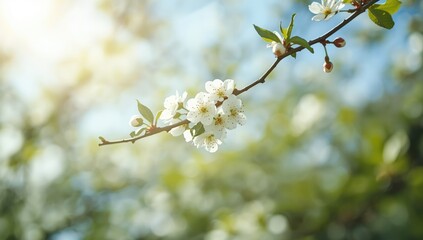Fototapeta premium Apple blossoms and buds opening on a tree branch during spring, highlighting seasonal change and plant development