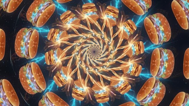 Burgers forming energetic fractal spiral pattern with electricity.
