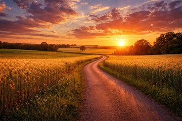 Fototapeta premium A rural sunset scene with a road snaking through wheat and rye fields