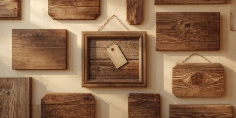 Collection of wooden sign boards with objects clipping path for graphic design projects, used as background elements