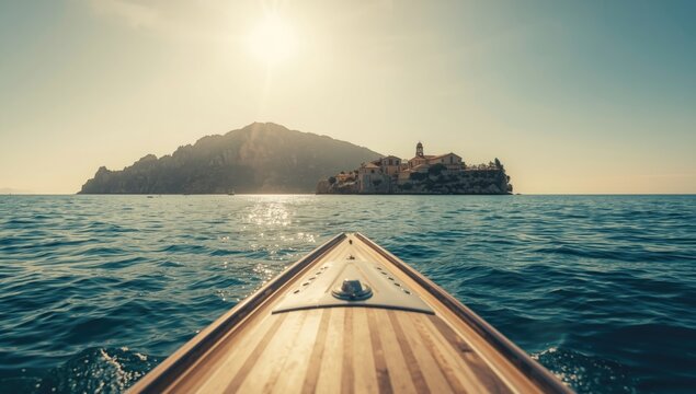Sailing vessel with a beak-like prow approaching Sveta Nedjelja in Montenegro, navigation focus