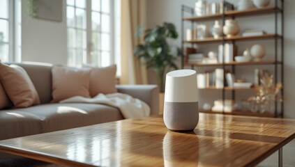 AI-powered smart speaker placed on a table in a well-lit living space, emphasizing voice-controlled technology