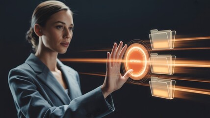 Businesswoman approving documents with modern technology interface