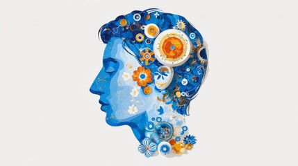 Vector illustration of a human head silhouette with gears inside representing a creative mind and business innovation concept