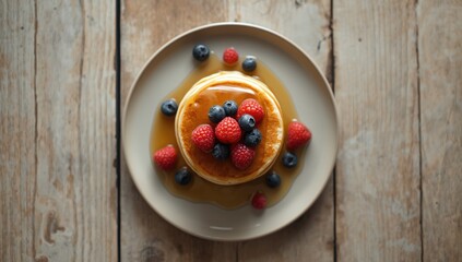 Miniature pancakes with berries and honey, highlighting a healthful breakfast option, World Breakfast Day