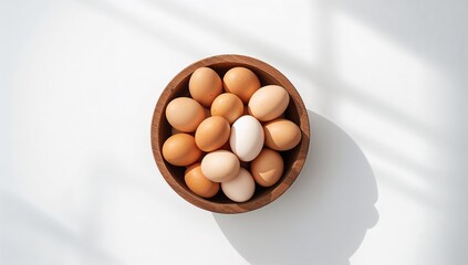 Overhead of freshly laid eggs in a wooden bowl for breakfast preparation, World Egg Day