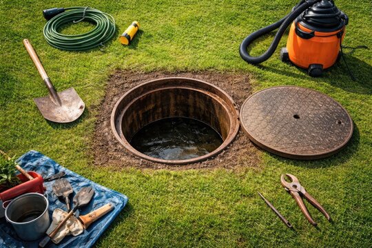 Detailed inspection of a rectangular grass lawn section with a hole and cesspool opening for grounds care