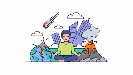Person meditating amidst global disasters earthquake, asteroid, volcano, and city