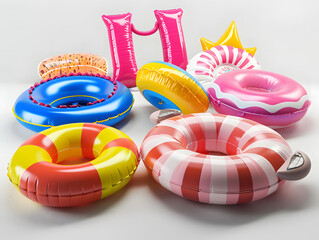 A collection of colorful inflatable swimming rings and balloons shaped like letters, arranged on a bright white background