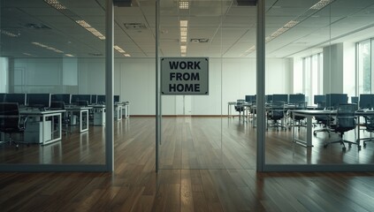 Work from Home sign attached to an office door as a safety measure during quarantine, highlighting remote work practices