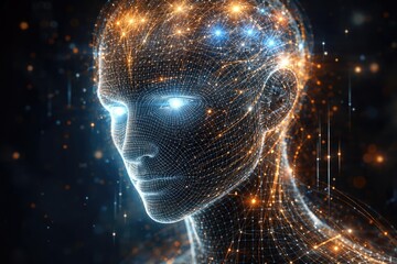 Luminous wire mesh human visage representing themes of consciousness and technology