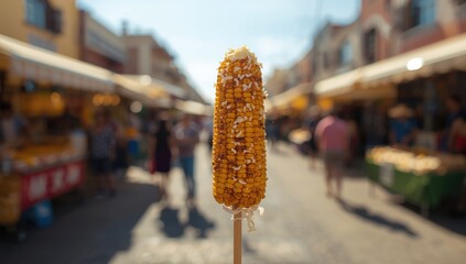 Street food scene with skewered corn coated in spices and toppings, traditional Mexican snack