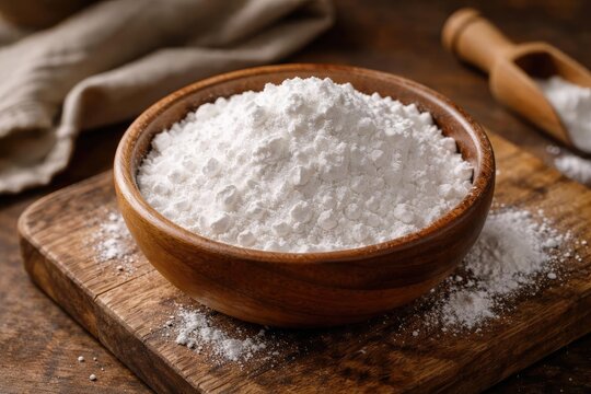 Tapioca starch powder inside a bowl sitting on an old wooden cutting board