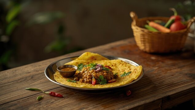 Indian vegetarian meal featuring Pithla and bhakri bread, highlighting home cooking and food textures