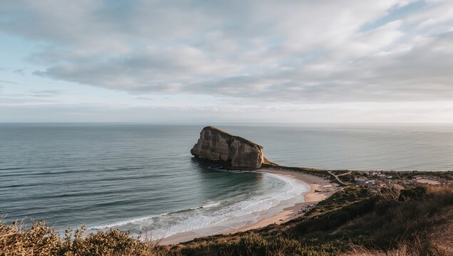 Coastal lagoon with rugged terrain and tranquil sea, ideal for scenic nature scenes