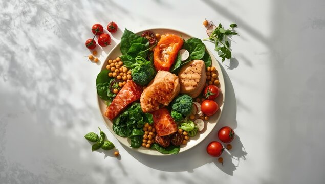 Clean eating display with nutrient-rich foods arranged on a light background, ideal for dietary layout