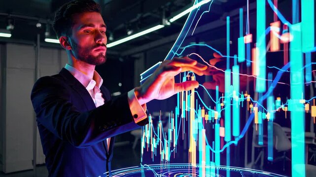 businessman in suit touching glowing economic growth chart with candlestick patterns and trend lines, futuristic financial data visualization, stock market analytics interface