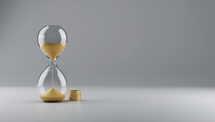 Gray backdrop with hourglass and coin showing a downward arrow, symbolizing budget decline, World Money Week