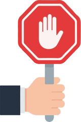 Obraz premium Person in suit holding a stop sign with an open palm symbol