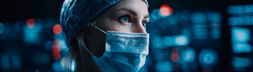 A closeup of a professional female doctor wearing a protective surgical mask for virus prevention and healthcare in a hospital