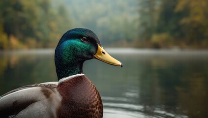 Obraz premium Male Anas platyrhynchos, wild duck with vibrant plumage resting on pond surface, highlighting bird species identification