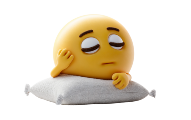 Playful relieved face emoji design leaning on tiny pillow symbolizing relaxation, comfort, and serene expression isolated on transparent background PNG
