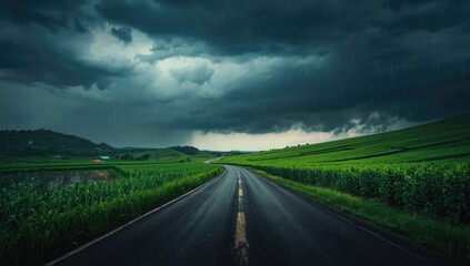 Fototapeta premium Stormy sky with dark rain clouds above farmland and country lane, highlighting weather patterns