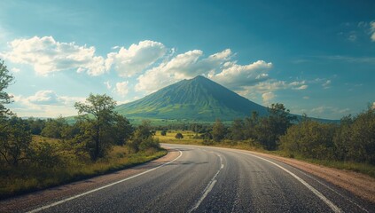 Mountain landscape with asphalt pathway and vibrant greenery, ideal for outdoor activity promotion