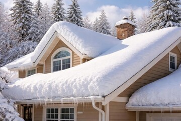 Layer of white snow resting on home roof following heavy winter snow