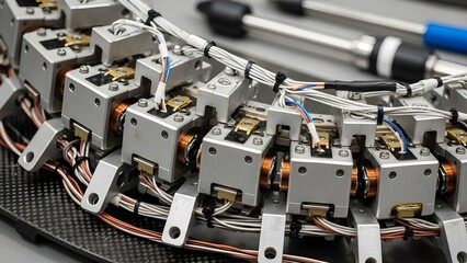 High-detail macro shot of industrial robot joints, gears, and wiring. Focus on precision engineering and complex mechanical movement parts.