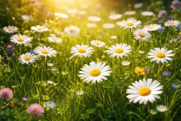 Fototapeta premium Vibrant gardening composition with white chamomile flowers growing on thick green lawn