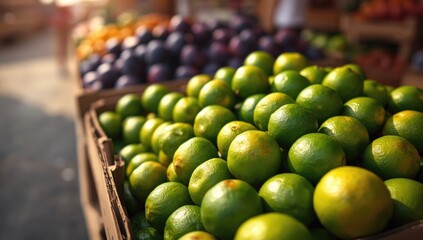 Limes in cardboard containers at an outdoor market stall, highlighting wholesale fruit sales, with plums as background elements