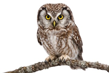 Obraz premium Intense focus of boreal owl standing on a branch with a white plain background