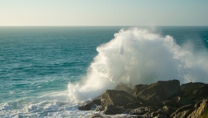 Obraz premium Sea waves hitting rocky outcrop, dynamic surf scene, erosion hazard awareness