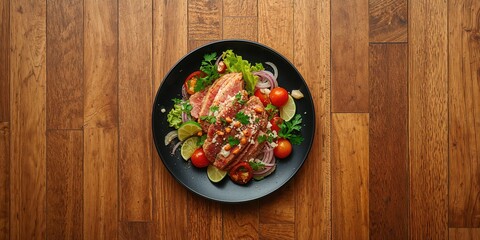 Spicy tuna salad with vegetables served on a black plate placed on a wooden floor, fresh ingredients and presentation style