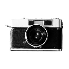Halftone illustration of a vintage film camera isolated on white background. Retro photography equipment concept for analog shooting, classic design, optics, and visual storytelling.