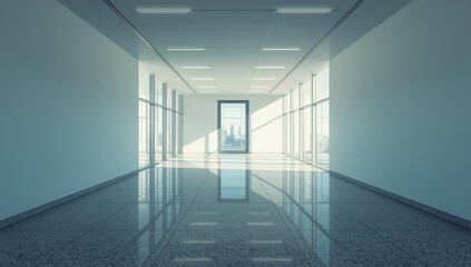 Fototapeta premium Office corridor illuminated by natural window light, focused on safety and cleanliness protocols